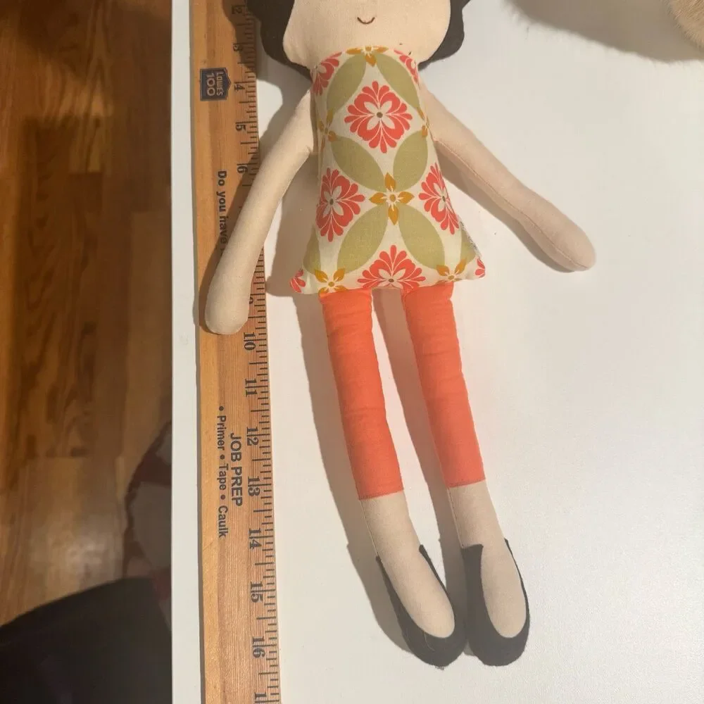 Roving Ovine Cloth Rag Doll Girl Floral Orange Pants Black Yarn Hair Plush Toy